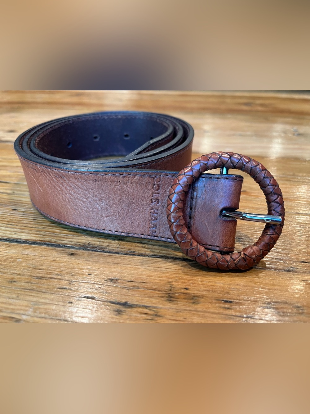 Vintage Cole Haan Women’s Brown Braided Round-Buckle Leather Belt • Size Medium
